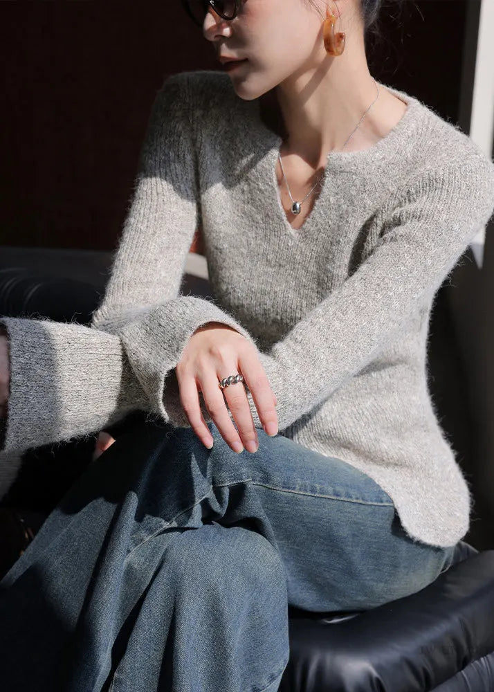 Oat Color V Neck Side Open Cotton Knit Sweaters Flare Sleeve