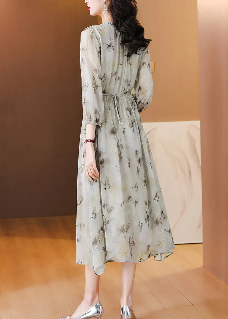 V Neck Print Lace Up Chiffon Long Dress Lantern Sleeve