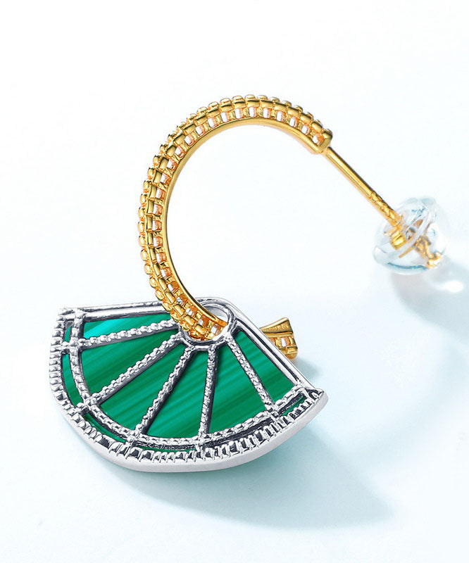 Art Peacock Green Fan-shaped Gem Stone Separable 14k Gold Stud Earrings