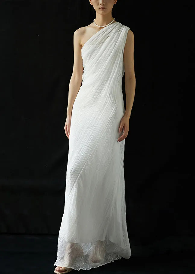 White One-shoulder Wrinkled Silk Long Dresses Summer