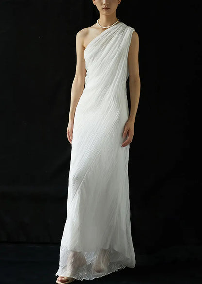 White One-shoulder Wrinkled Silk Long Dresses Summer