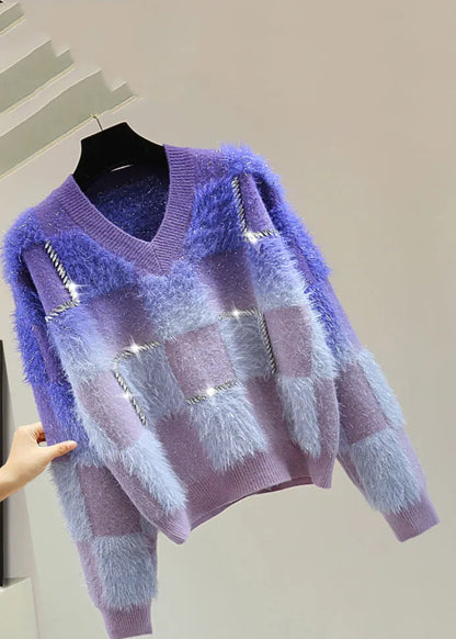 Gradient Color Blue O-neck Zircon Ma Hai Mao Cotton Knit Sweater Tops Winter
