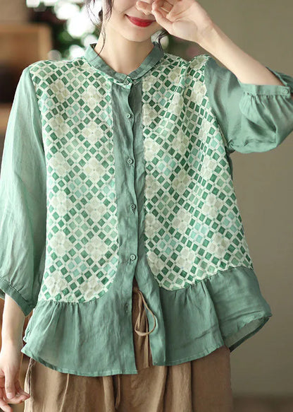 Boutique Green Ruffles Peter Pan Collar Linen Tops Three Quarter Sleeve