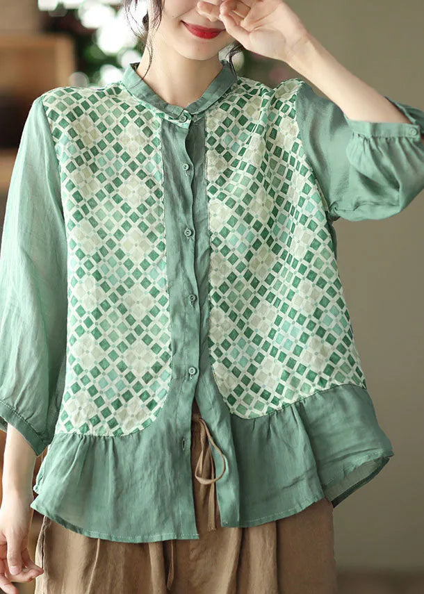 Boutique Green Ruffles Peter Pan Collar Linen Tops Three Quarter Sleeve