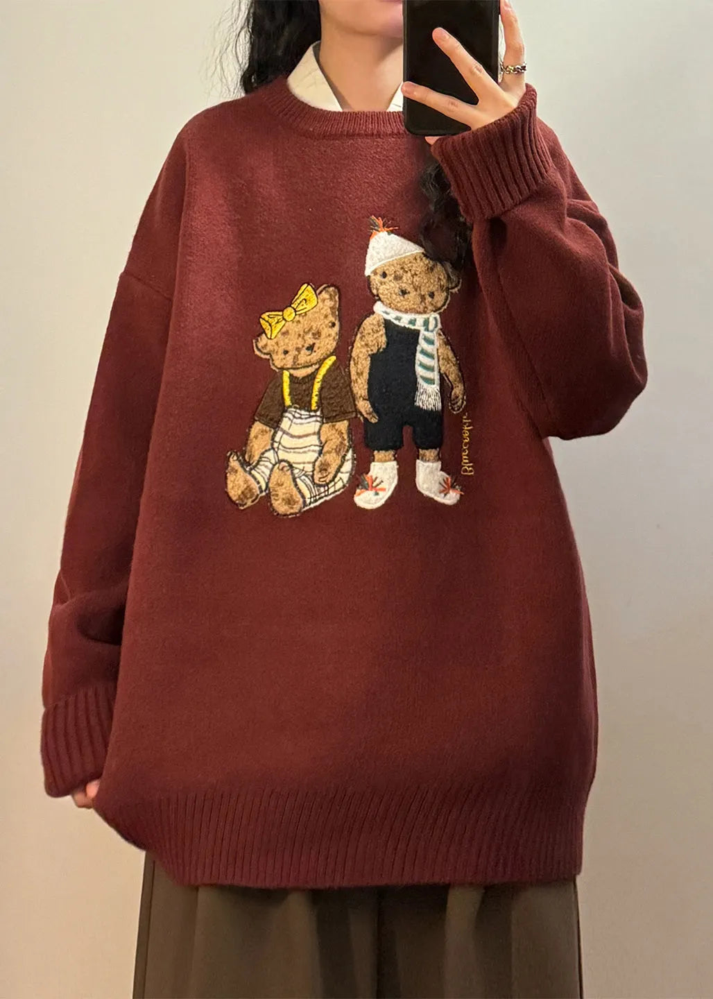 Red Little Bear Cozy Knit Sweaters Tops O Neck Spring