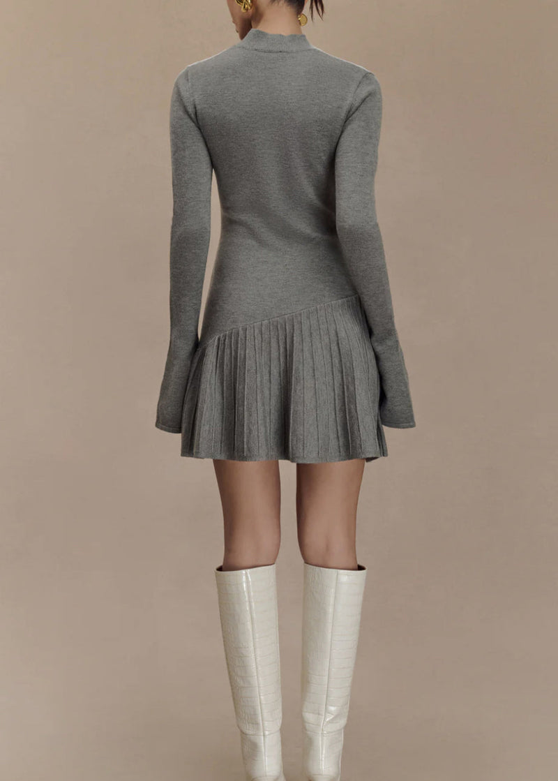 Grey Wrinkled Patchwork Knit Sweater Dress Winter