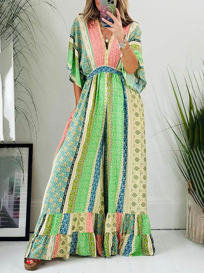 Retro Flare Sleeve Pocketed Loose Wide Leg Jumpsuit
