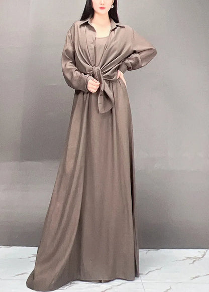 Black Peter Pan Collar Shirts and Maxi Skirts Two Piece Set Fall