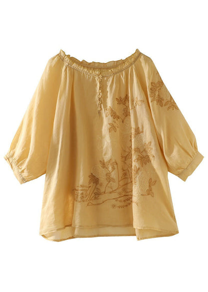 Yellow Ruffled Patchwork Linen T Shirt Tops Summer