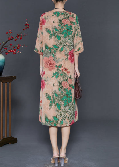Khaki V Neck Print Chiffon Long Dresses Half Sleeve