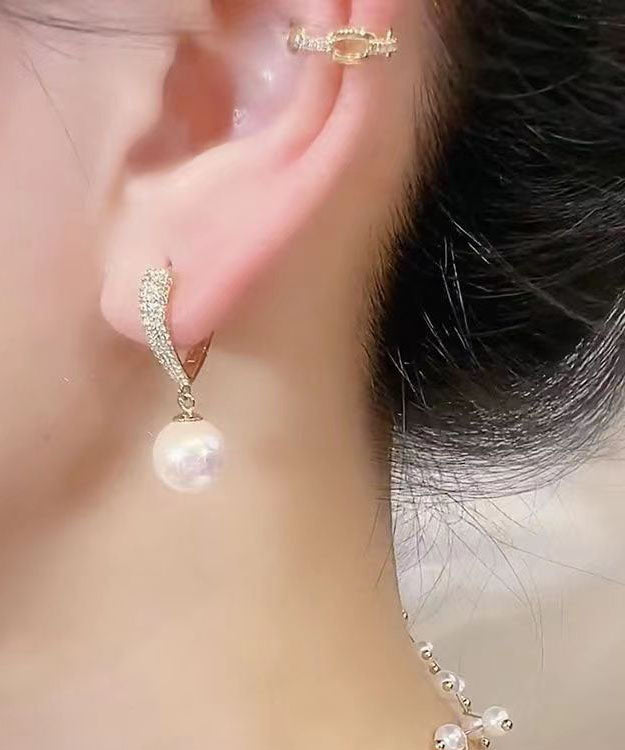 Gold Sterling Silver Alloy Inlaid Zircon Love Pearl Hoop Earrings