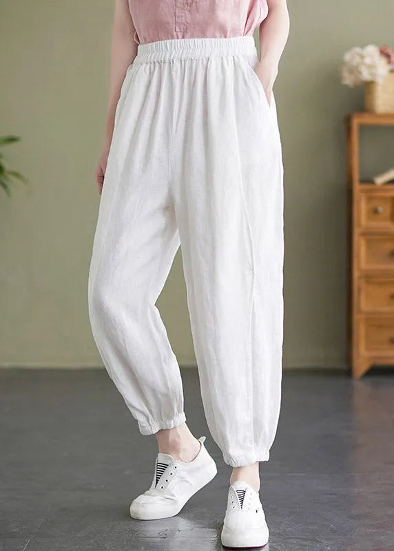 Handmade White Elastic Waist Beam Pants Summer