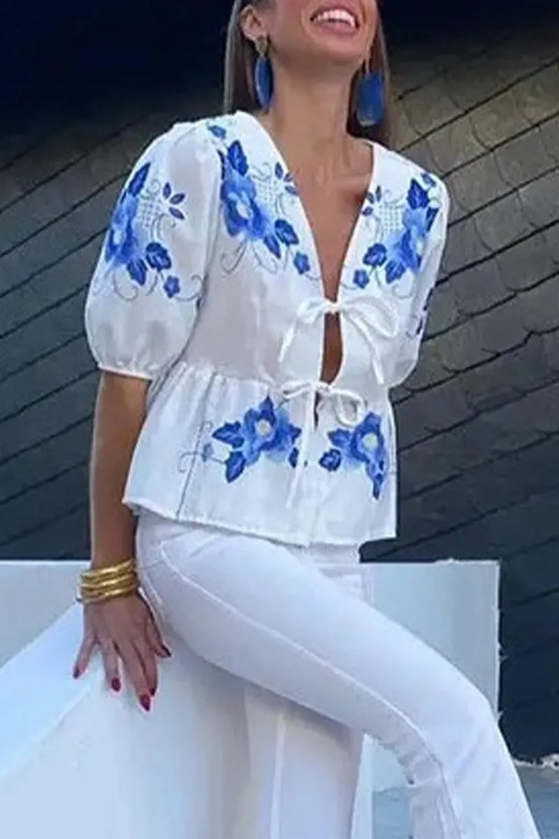 Print Flowers Frenulum V Neck Tops