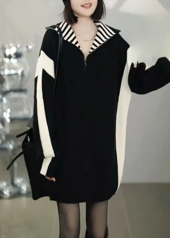 Loose Black Zip Up Patchwork Knit Sweater Winter
