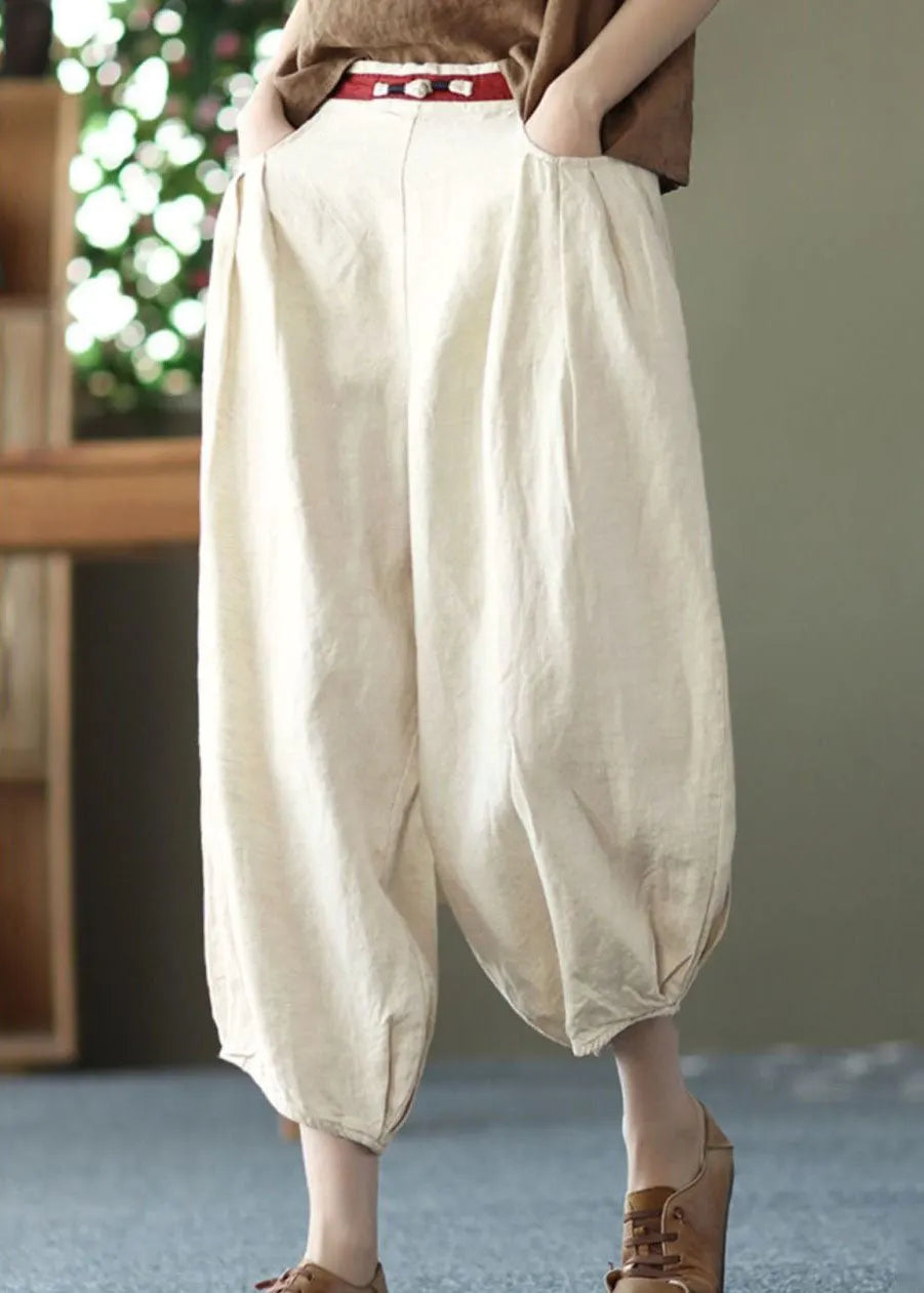 Beige Pockets Wrinkled Patchwork Linen Harem Pants Summer