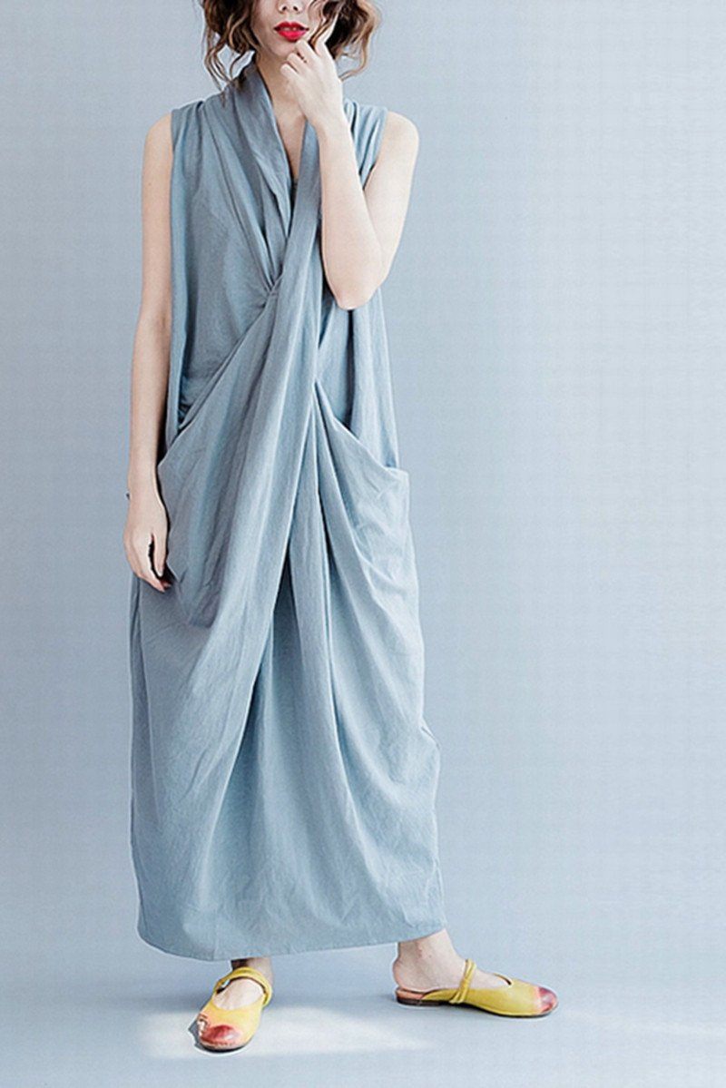 Gray Sleeveless Cross Summer Long Dresses Causal Dresses Oversize Outfits
