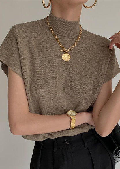 Camel Half Hign Neck Knit Top Summer