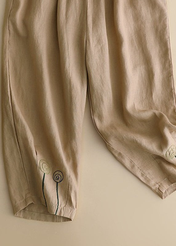 Brief Khaki Embroidered High Waist Linen Harem Pants Summer