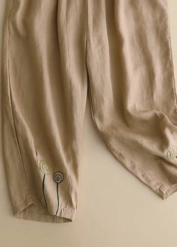 Brief Khaki Embroidered High Waist Linen Harem Pants Summer