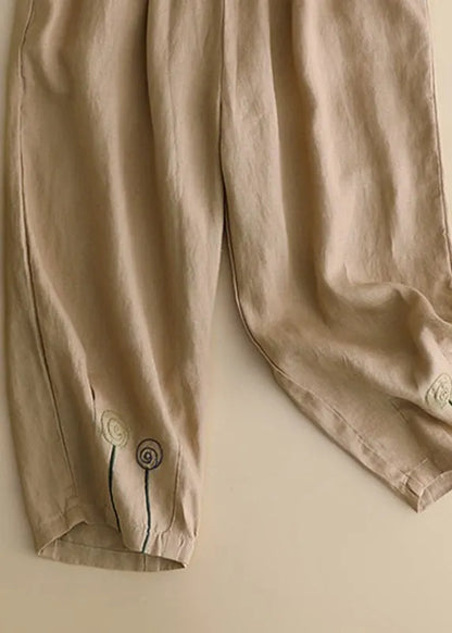 Brief Khaki Embroidered High Waist Linen Harem Pants Summer