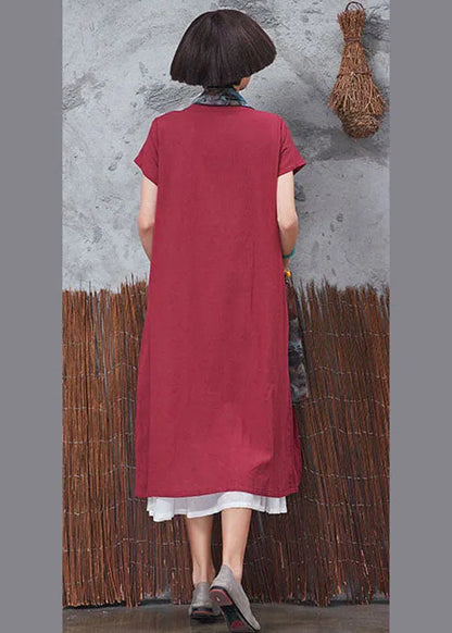 Red Patchwork Scarf Collar Cotton Cardigans Short Sleeve