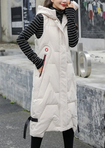 Black Hooded Patchwork Long Duck Down Vest Sleeveless