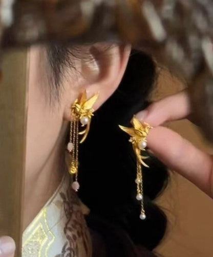 New Gold Sterling Silver Overgild Pearl Goose Tassel Drop Earrings