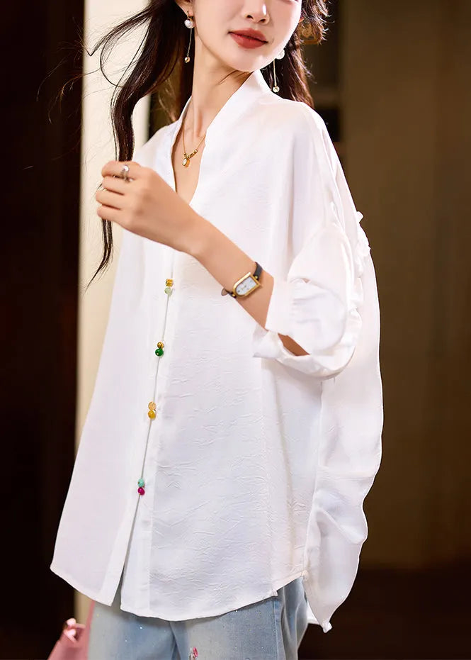 Loose White Ruffled Button Blouses Bracelet Sleeve