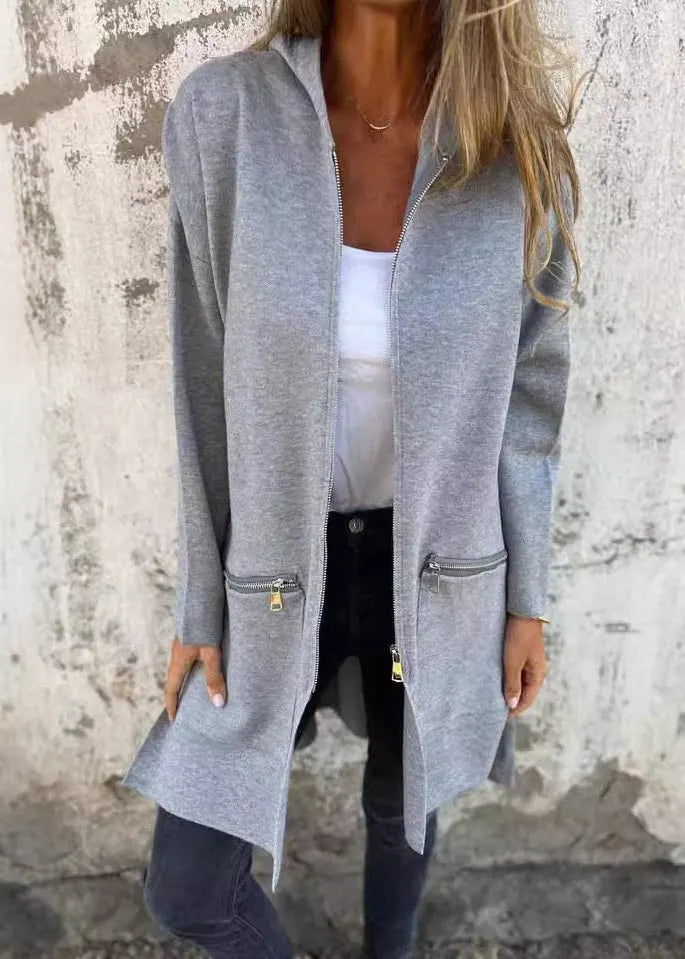 Black Zip Up Pockets Cotton Hooded Coats Fall