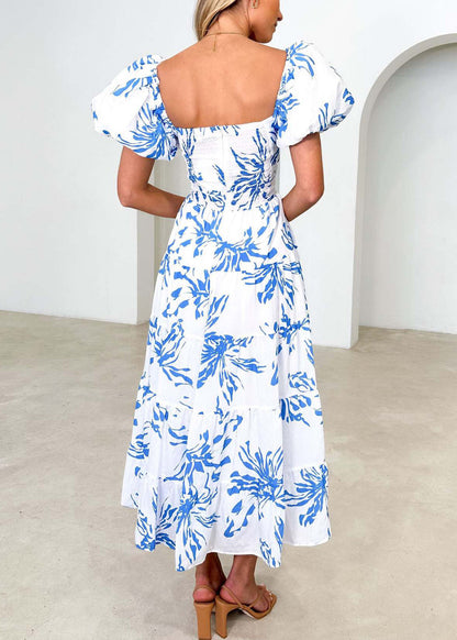 Blue V Neck Print Cotton Dress Puff Sleeve