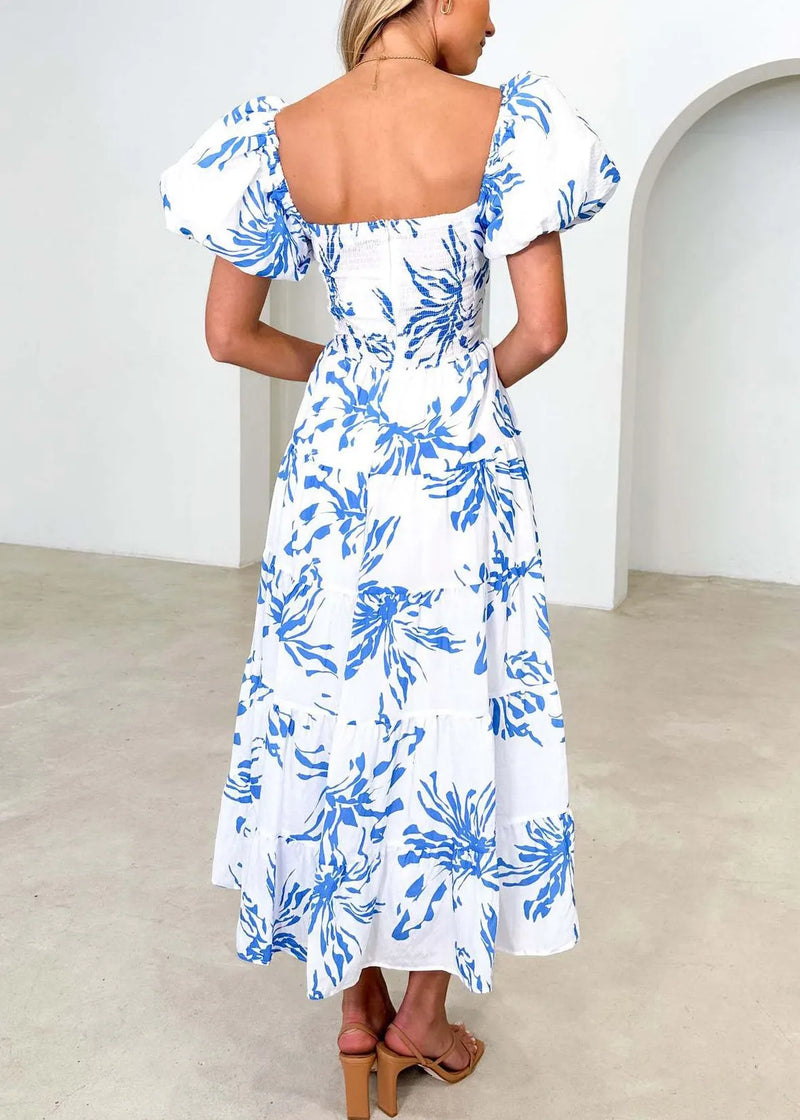 Blue V Neck Print Cotton Dress Puff Sleeve