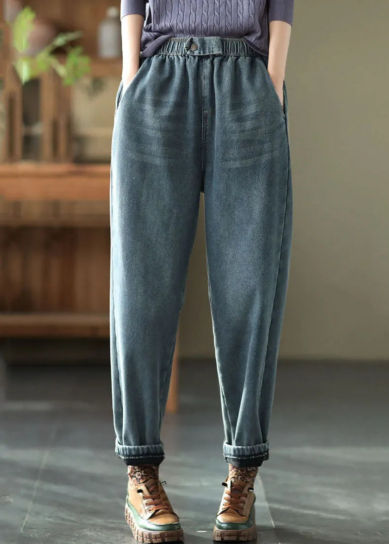 Denim Blue Elastic Waist Pockets Thick Warm Fleece Harem Pants Winter