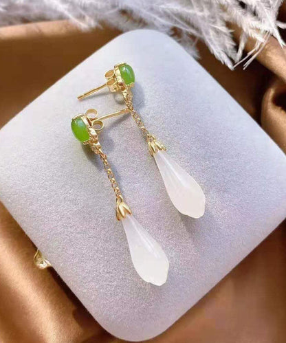White Sterling Silver Overgild Jade Magnolia Drop Earrings