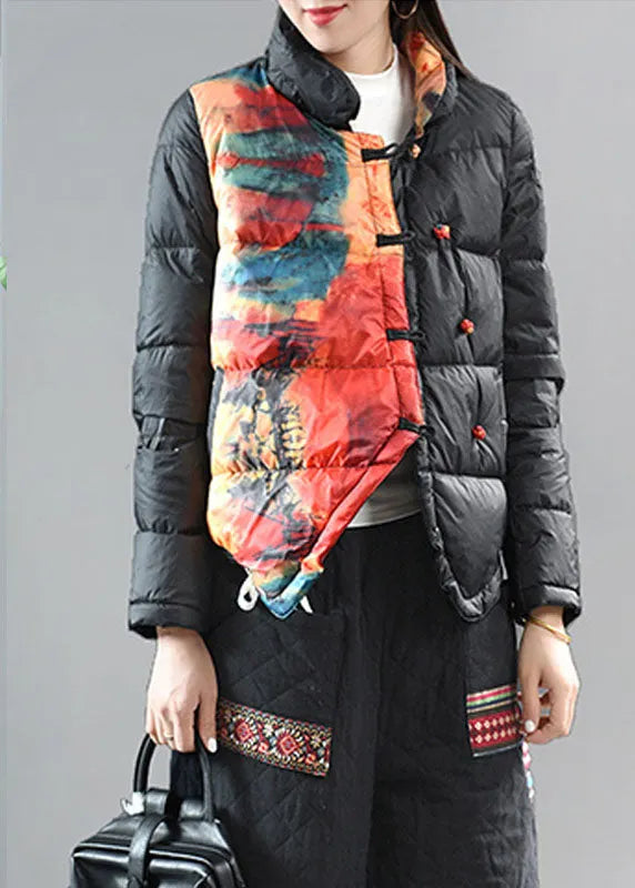 Red Stand Collar Pockets Print Asymmetrical Design Winter Down Coat