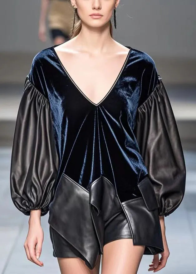 Dark Blue Asymmetrical Patchwork Faux Leather Silk Velour Tops Fall