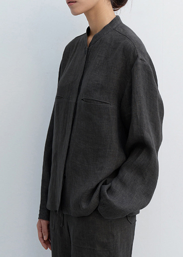 White Stand Collar Pockets Linen Shirts Spring