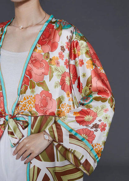 Pink Print Lace Up Silk Cardigan Summer