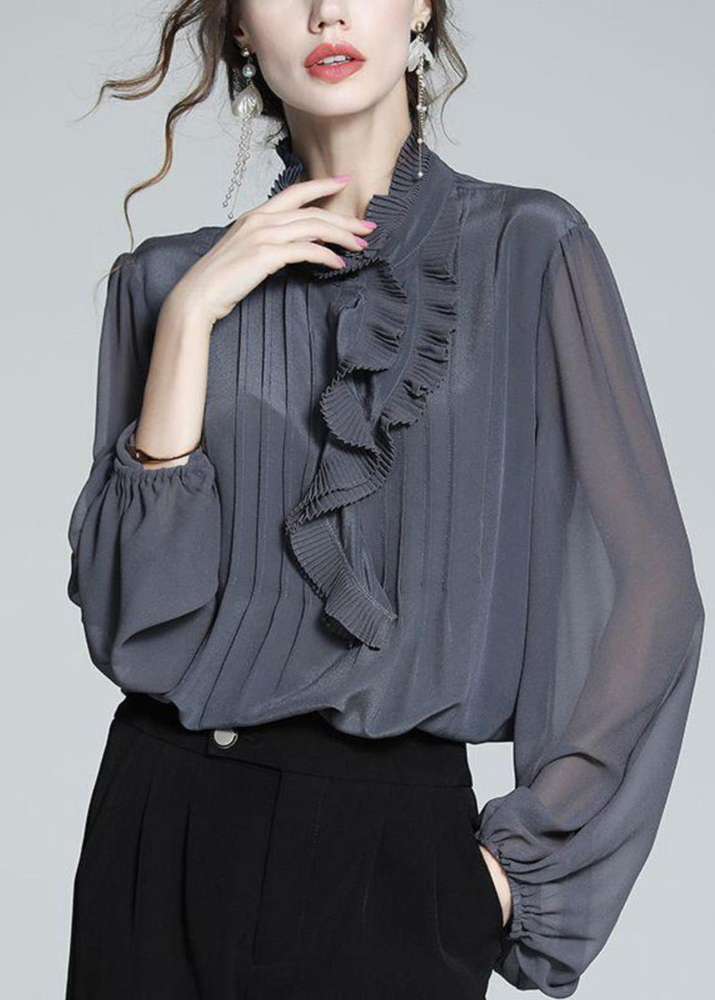 Grey Blue Ruffled Patchwork Chiffon Shirts Spring