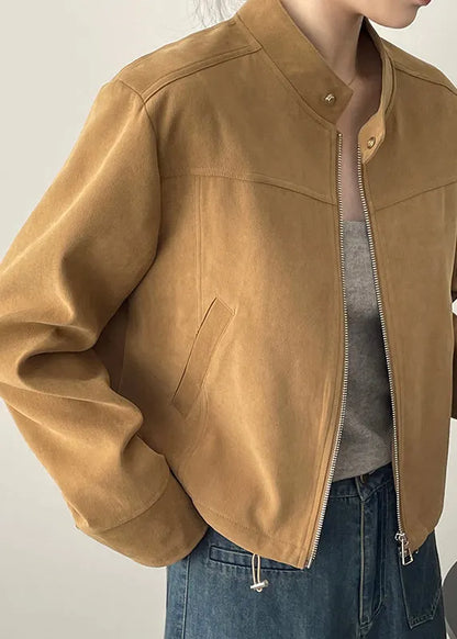 Brown Stand Collar Zippered Faux Suede Coats Fall