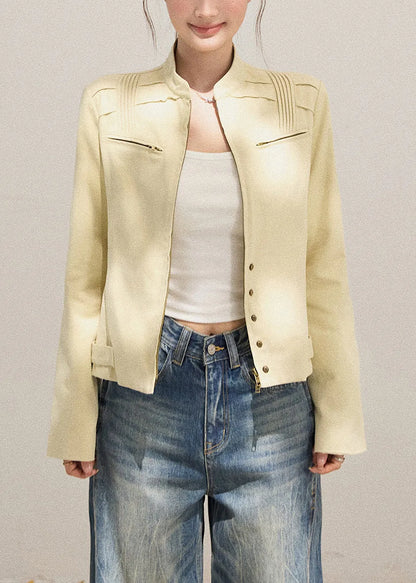 Modern Beige Zippered Wrinkled Cotton Jacket Fall