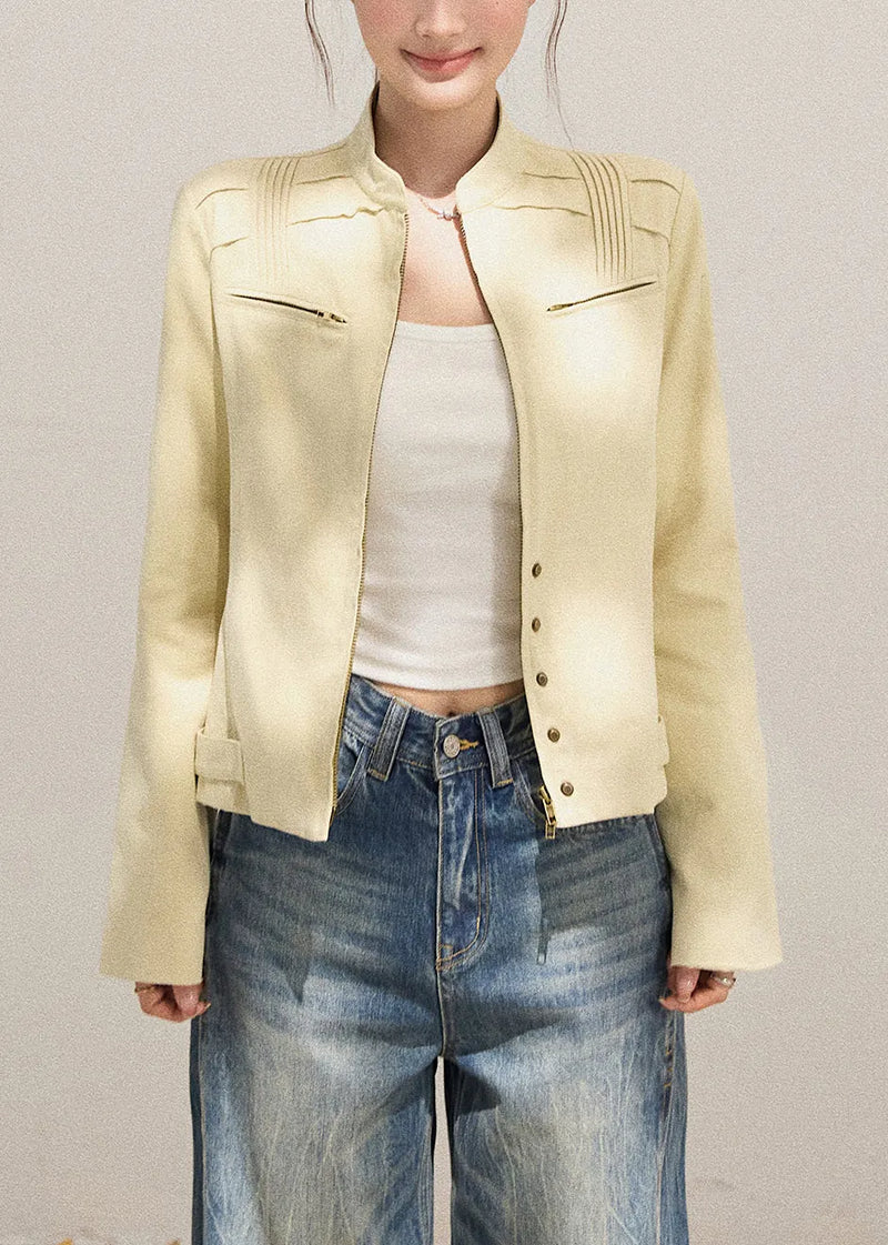 Modern Beige Zippered Wrinkled Cotton Jacket Fall