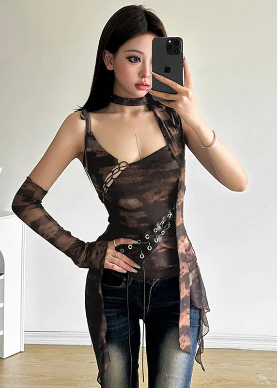 Brown Ruffled Tie Dye Asymmetrical Vest Fall