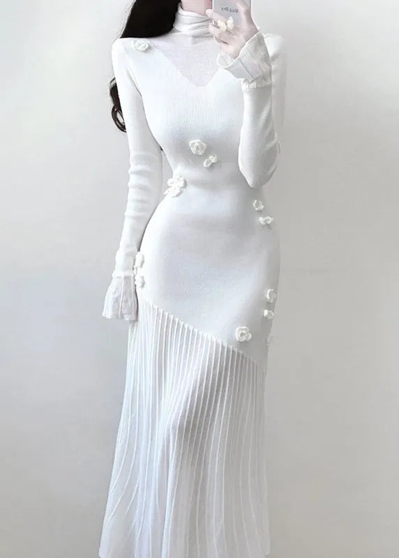 White Turtleneck Knit Patchwork Long Dresses Spring