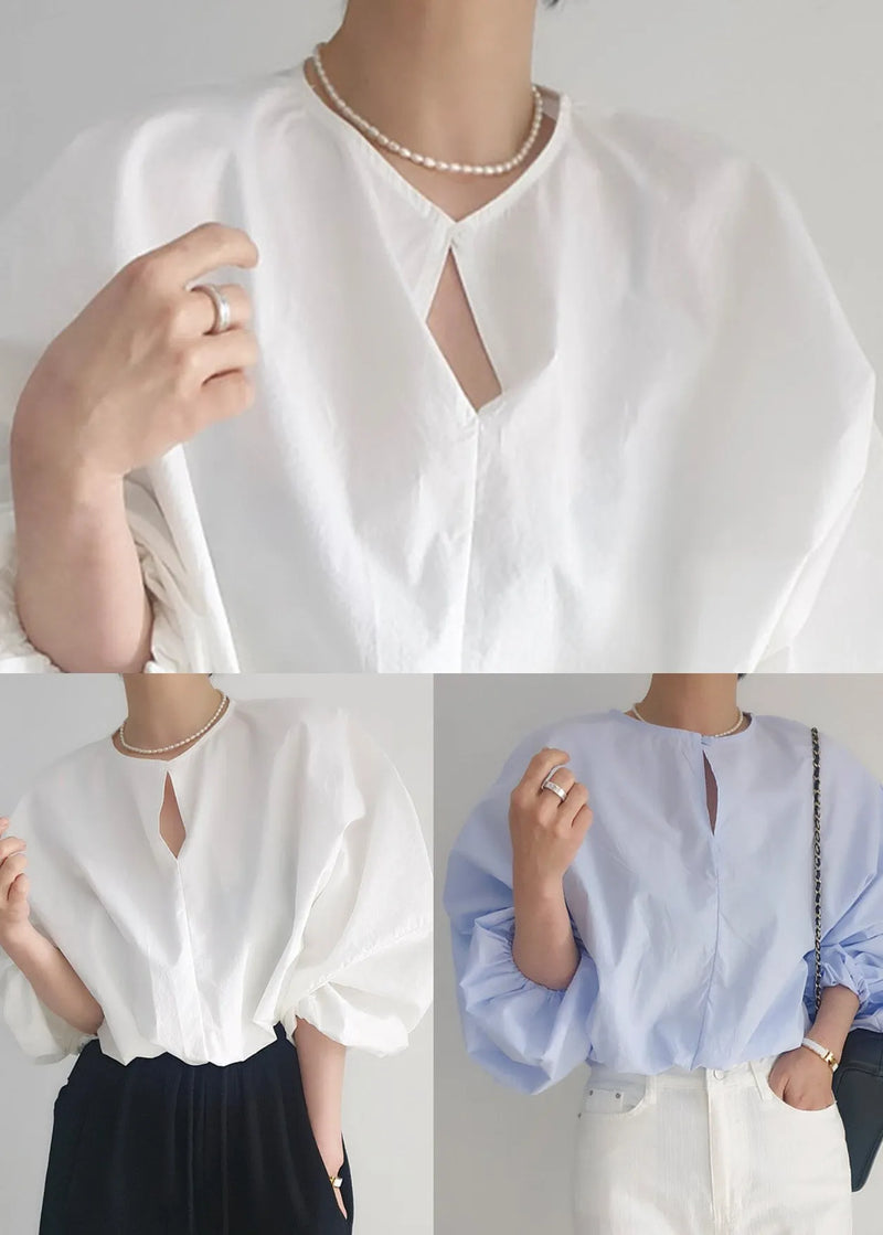French White Oversized Cotton Shirt Tops Lantern Sleeve