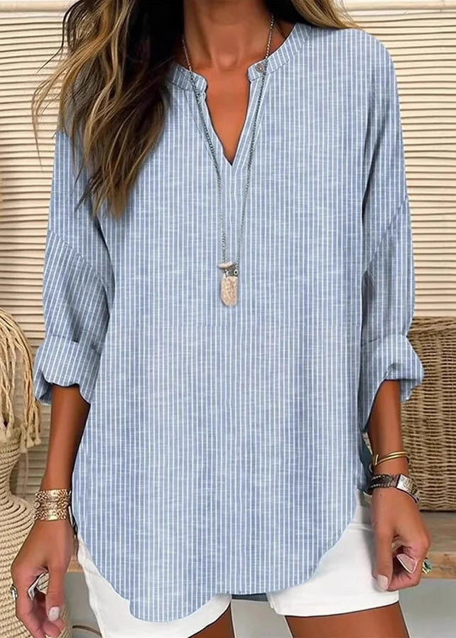 Blue V Neck Striped Cotton T Shirt Long Sleeve