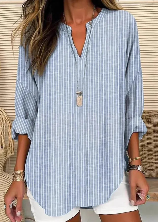Blue V Neck Striped Cotton T Shirt Long Sleeve