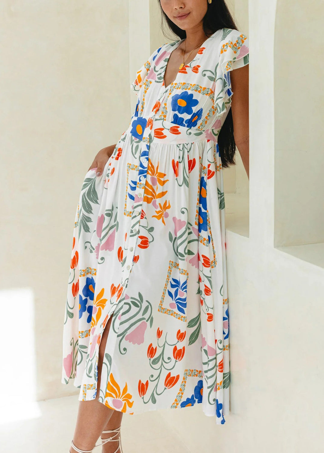 White V Neck Print Cotton Dress Butterfly Sleeve