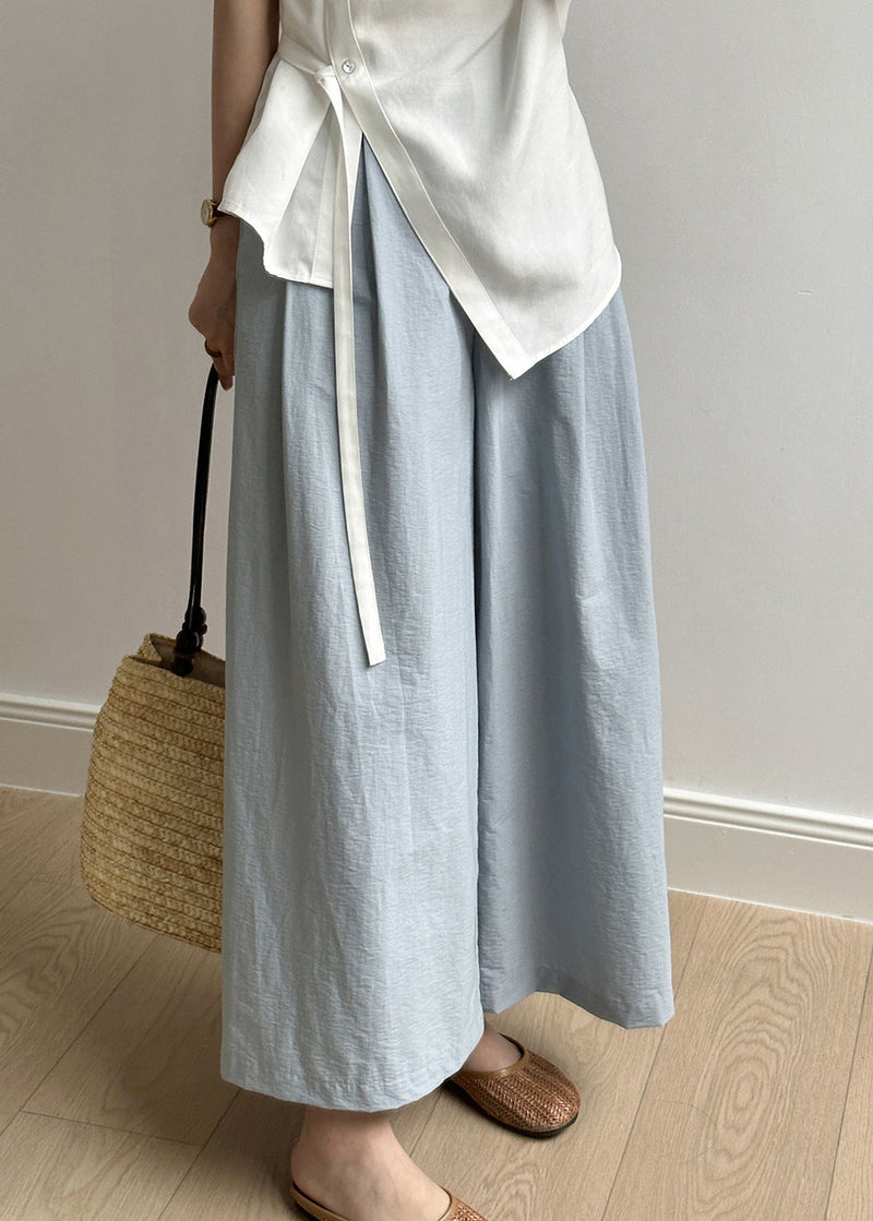 Simple White Pockets Elastic Waist Cotton Wide Leg Pants Fall