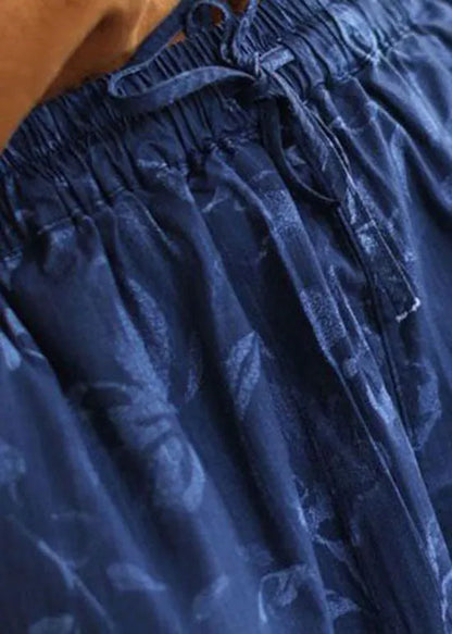 Boutique Navy Print Pockets Patchwork Cotton Wide Leg Pants Summer