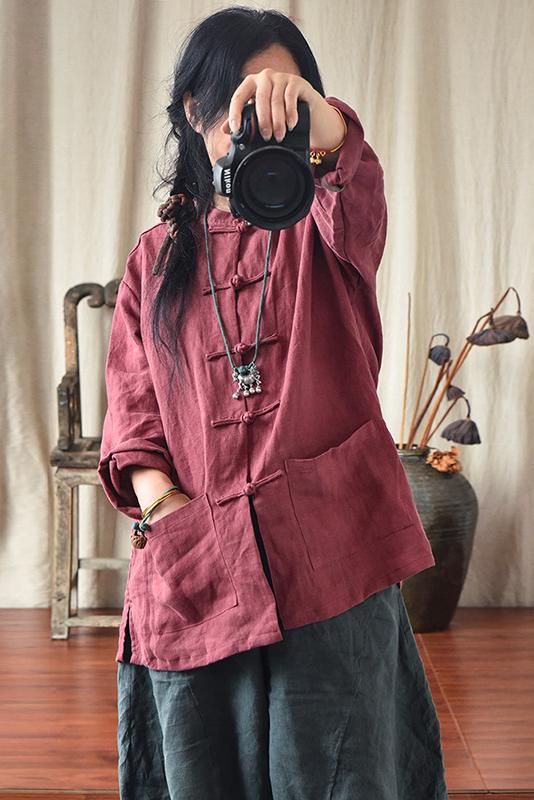 Fall Cotton Linen Buckle Coat